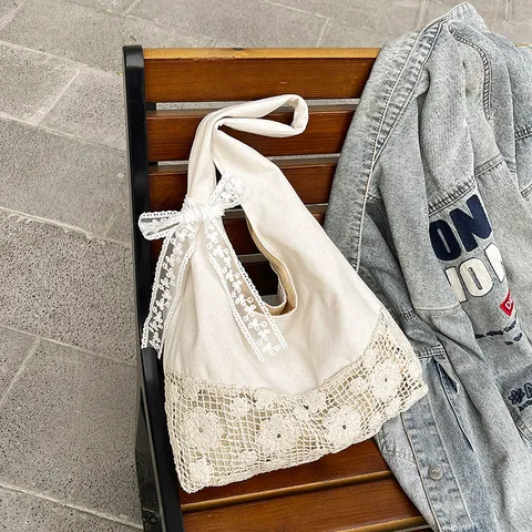 Women Large Capacity Canvas Tote Bag With Lace Flower Crochet Splicing Bow Decoration Summer Vacation Beach Shoulder Bag