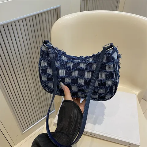 Women Denim Checkerboard Hobo Shoulder Bag And Round Coin Purse Frayed Distressed Edge Casual Retro Bag Handbag