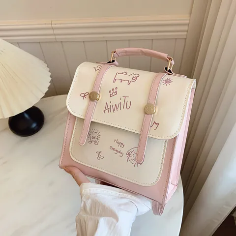 Mode Damen Mini PU Leder Rucksack Rosa Weiß Farbblock Cartoon Druck Handtasche Preppy Stil Täglich Reise Umhängetasche