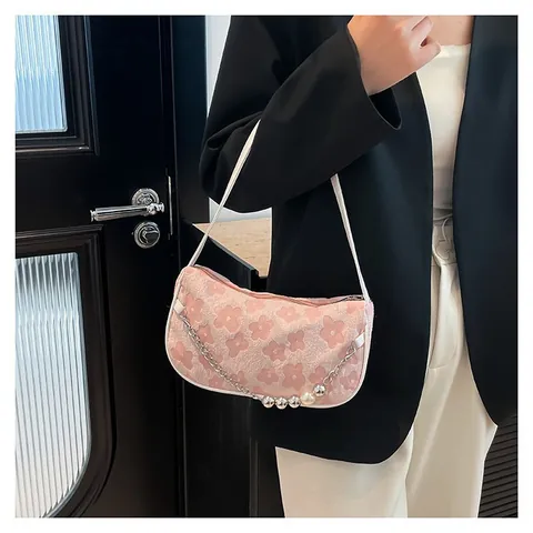 Women Elegant Floral Underarm Bag Small Square Shoulder Bag Pearl Chain Decor Vintage Jacquard PU Baguette Bag Daily Purse