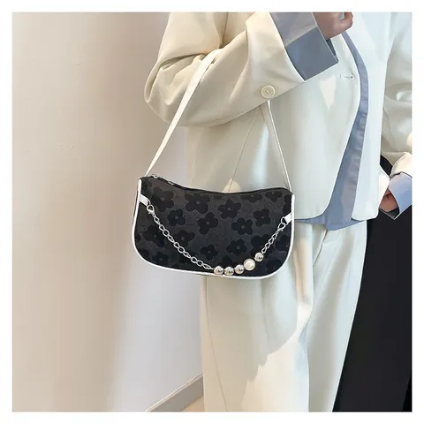 Women Elegant Floral Underarm Bag Small Square Shoulder Bag Pearl Chain Decor Vintage Jacquard PU Baguette Bag Daily Purse