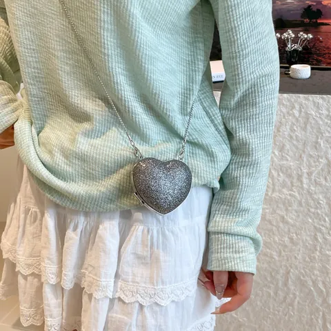 Sac de Soirée Forme de Cœur à Paillettes Femmes Avec Chaîne en Métal Sac à Bandoulière pour Mariage Fête Mini Sac à Main