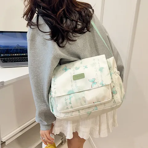 Sac Messager en Nylon Grande Capacité pour Femmes Imprimé Papillon Calligraphie à l'Encre Sac à Bandoulière Réglable École