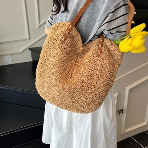 Borsa Tote Intrecciata Casual da Donna Grande Capacità Borsa a Spalla da Spiaggia Con Spalline in Pelle PU Trama a V Stile Vacanza