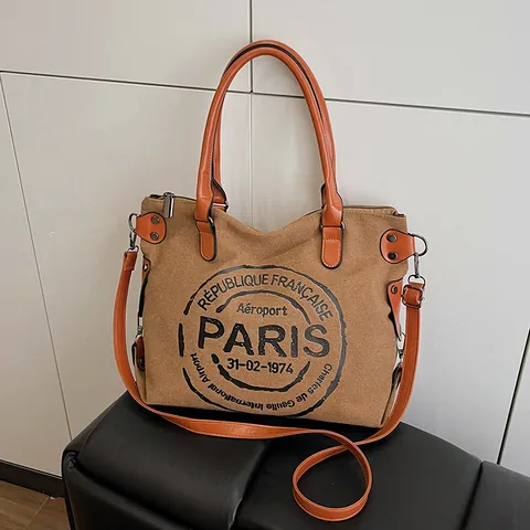 Women Vintage Canvas Tote Bag Large Capacity Paris Print Shoulder Bag With Synthetic Leather Trim Retro Commuter Crossbody Bag
