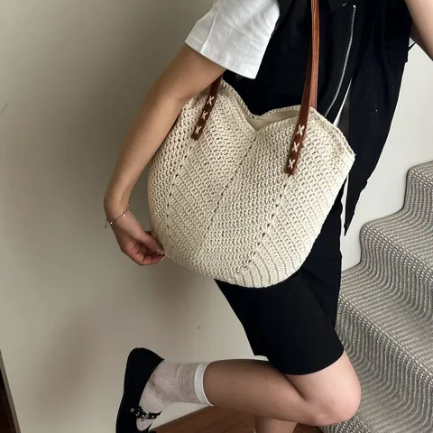 Borsa Tote Intrecciata Casual da Donna Grande Capacità Borsa a Spalla da Spiaggia Con Spalline in Pelle PU Trama a V Stile Vacanza