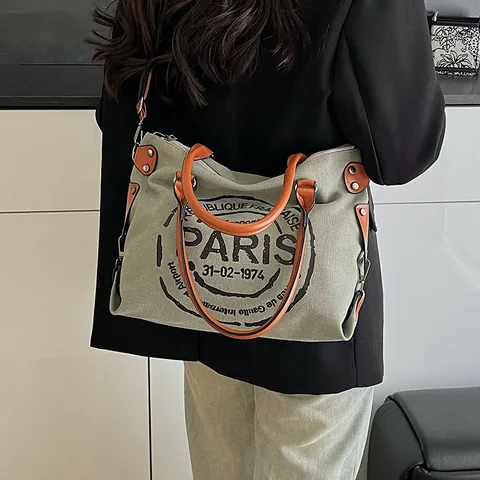 Women Vintage Canvas Tote Bag Large Capacity Paris Print Shoulder Bag With Synthetic Leather Trim Retro Commuter Crossbody Bag
