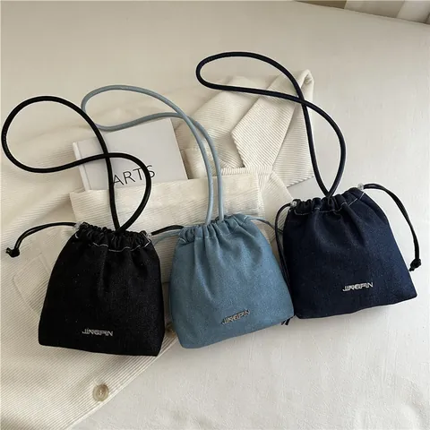 Women Denim Mini Bucket Bag Simple Solid Color Drawstring Crossbody Shoulder Bag Casual Small Phone Purse Handbag