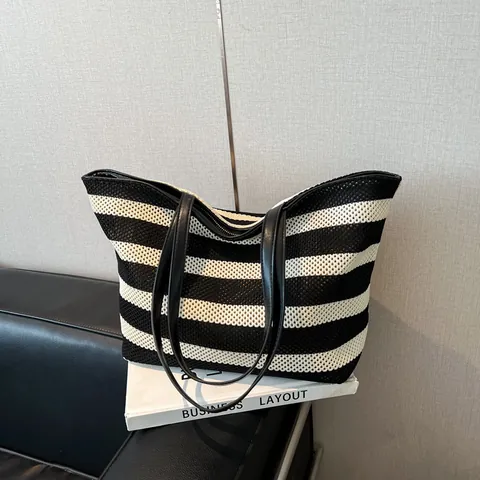 Bolso Tote Tejido a Rayas de Gran Capacidad para Mujer Blanco y Negro Bolso de Hombro para Playa de Verano Bolso de Paja Casual