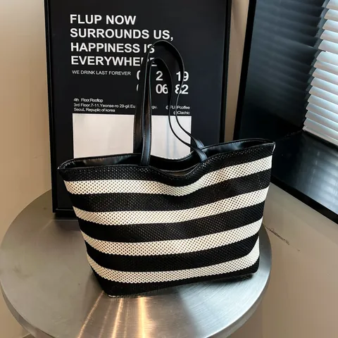 Bolso Tote Tejido a Rayas de Gran Capacidad para Mujer Blanco y Negro Bolso de Hombro para Playa de Verano Bolso de Paja Casual