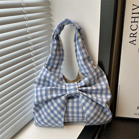 Women Large Capacity Gingham Plaid Tote Bag With Big Bow Lightweight Fabric Shoulder Bag Sweet Underarm Shopping Bag