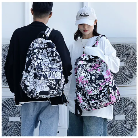 Large Capacity Graffiti Print Backpack Nylon School Bag For Students Travel Trendy Cartoon Comic Style Unisex Bookbag With Charm
