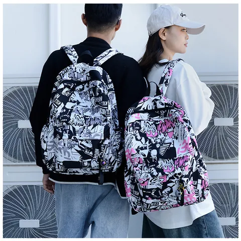 Large Capacity Graffiti Print Backpack Nylon School Bag For Students Travel Trendy Cartoon Comic Style Unisex Bookbag With Charm