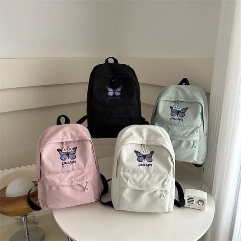 Girls Cute Butterfly Print School Backpack Large Capacity Nylon Student Rucksack Dreams Letter Design School Bag For Students
