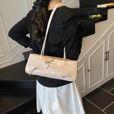 Fashion PU Leather Underarm Bag For Women Sweet Bowknot Pearl Lace Decor Baguette Bag Commuter Daily Handbag Shoulder Bag
