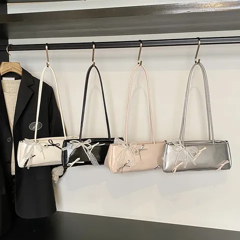 Fashion PU Leather Underarm Bag For Women Sweet Bowknot Pearl Lace Decor Baguette Bag Commuter Daily Handbag Shoulder Bag