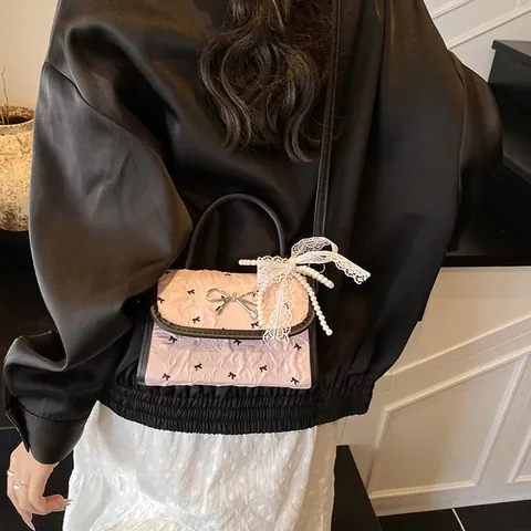 Sweet Pink Ruffled Handbag With Bow Heart Print Artificial Pearl Lace Accessory PU Leather Women Crossbody Small Square Bag