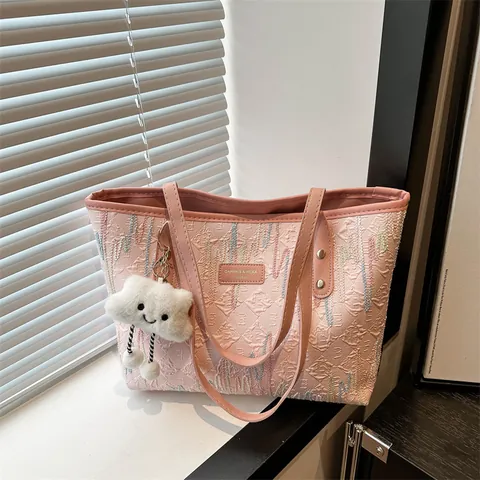 Bolso Tote de Mujer Gran Capacidad Acolchado Bordado de Ondas Coloridas Bolso de Hombro Casual de Diario Con Colgante de Nube