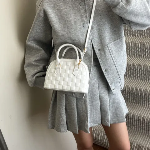 Womens PU Leather Grid Embossed Shell Handbag Patent Finish Crossbody Shoulder Bag With Top Handle Fashion Satchel Purse