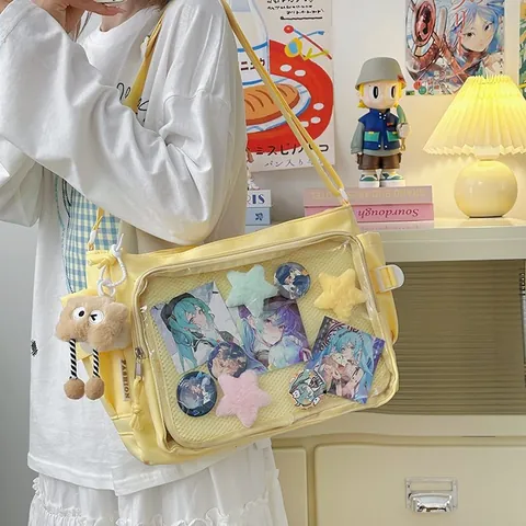Large Capacity Nylon Ita Bag With Transparent Window For Badges College Style Crossbody Messenger Bag Versatile School Bag