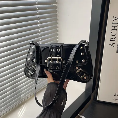 Punk Rivet Shoulder Bag For Women Trend Y2K Cool Girl PU Leather Underarm Baguette Bag With Silver Studs And Buckles