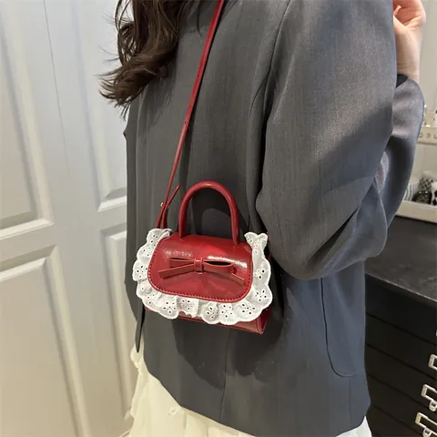 Women Sweet Mini PU Leather Handbag With Bow Lace Trim Decoration Elegant Korean Style Shoulder Crossbody Bag For Ladies Girls