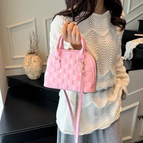 Damen PU Leder Muscheltasche Gittermuster Handtasche Schulter Umhängetasche Mit Gold Hardware Mode Handtasche Für Den Alltag