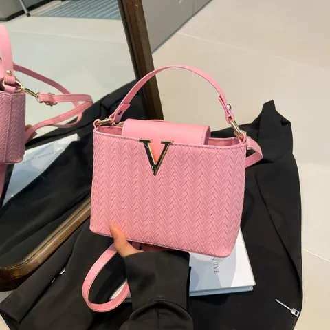 Women Woven Texture PU Leather Shoulder Bag Luxury Metal V Buckle Crossbody Handbag Casual Square Tote For Office Party
