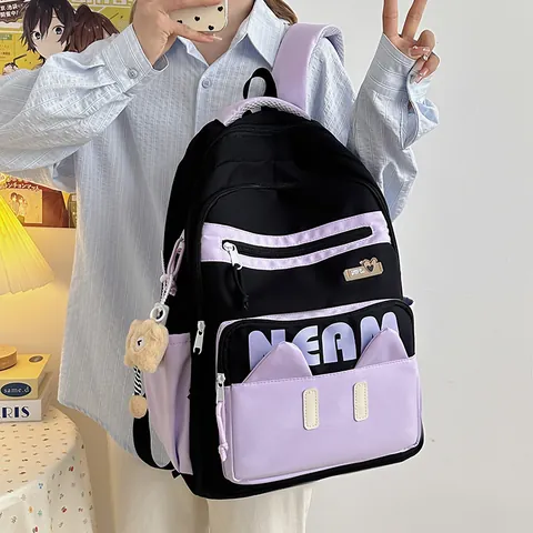 Cute Cat Ears School Backpack For Girls Korean Style Large Capacity Nylon Laptop Bag With Plush Pendant For Students Travel