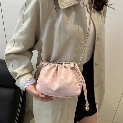Women PU Leather Pleated Cloud Bag Drawstring Bucket Crossbody Bag Gold Chain Strap Ball Decoration Fashion Shoulder Bag