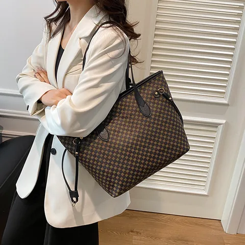 Bolso de Mano de Gran Capacidad para Mujer Cuero PU con Estampado de Monograma Geométrico Bolso de Hombro Vintage