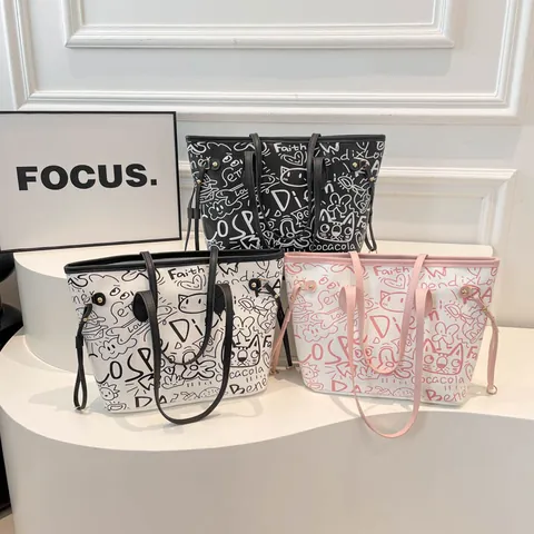 Borsa Tote con Stampa Graffiti di Grande Capacità per Donna Pelle PU Moda Streetwear Borsa a Tracolla Casual Cartella per la Scuola