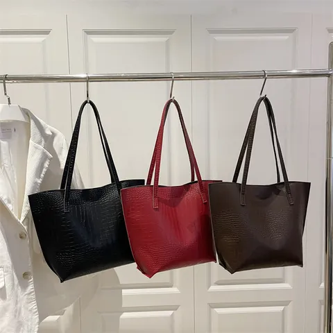 Women Vintage Crocodile Pattern Tote Bag Large Capacity PU Leather Shoulder Handbag For Commuter Office Shopping Daily Use
