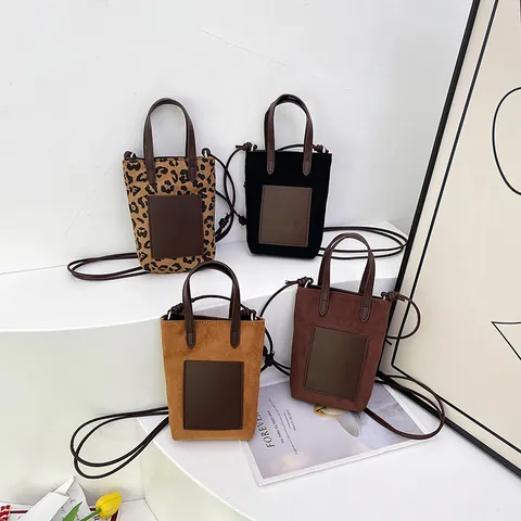 Women Minimalist Nubuck PU Mini Tote Bag Retro Contrast Color Crossbody Bag Small Handbag Square Cell Phone Shoulder Bag