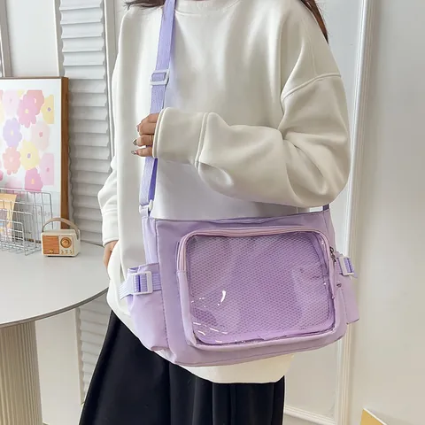 Japanese Kawaii Nylon Ita Bag Clear Window Crossbody Bag For Badges Pins Women Student School Travel Messenger Bag