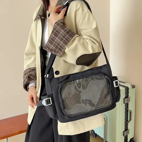 Japanese Kawaii Nylon Ita Bag Clear Window Crossbody Bag For Badges Pins Women Student School Travel Messenger Bag