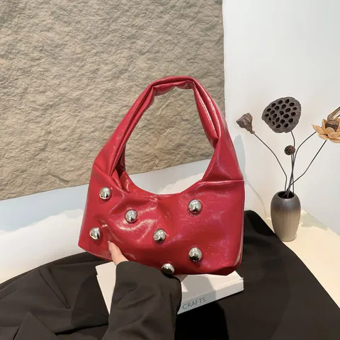 Women Rivet Underarm Bag Urban Minimalist PU Leather Crescent Hobo Bag Trendy Handbag Solid Color Elegant Shoulder Bag