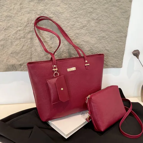 Women Large Capacity PU Leather Tote Bag Trio Pebbled Texture Commuter Shoulder Handbag With Small Pouch And Crossbody Bag