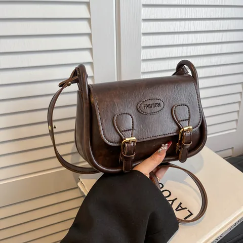 Women's Retro British PU Leather Crossbody Bag Minimalist Square Saddle Bag With Double Buckle Magnetic Closure Shoulder Bag