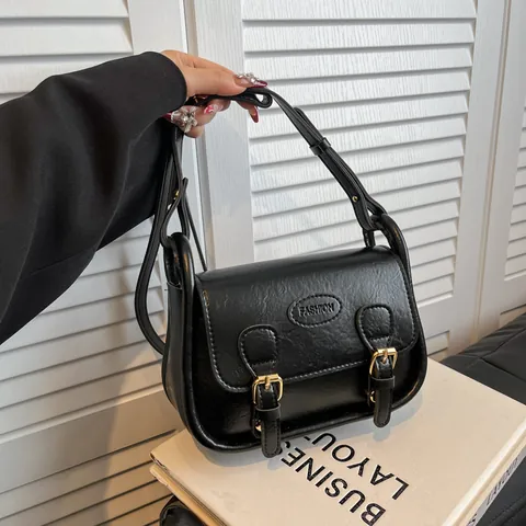 Women's Retro British PU Leather Crossbody Bag Minimalist Square Saddle Bag With Double Buckle Magnetic Closure Shoulder Bag