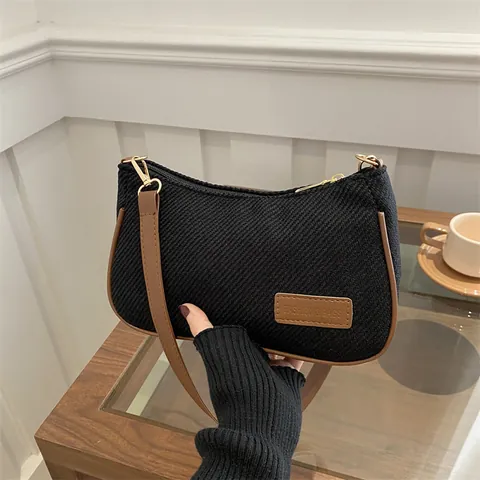 Bolso de axila tejido vintage para mujer Tendencia Empalme de cuero PU Bolso de hombro único con cremallera de metal Moda Retro Color sólido Bolso Hobo