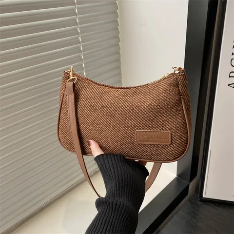 Bolso de axila tejido vintage para mujer Tendencia Empalme de cuero PU Bolso de hombro único con cremallera de metal Moda Retro Color sólido Bolso Hobo