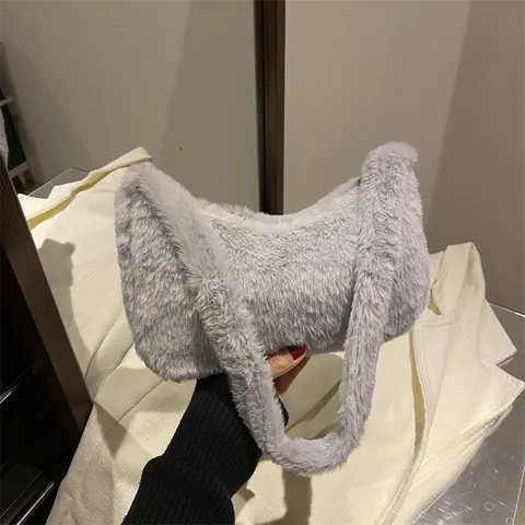 Damen Plüsch Achseltasche Kunstpelz Einfarbig Schultertasche Weiche Handtasche Koreanischer Stil Reißverschluss Winter Herbst Mode Tasche