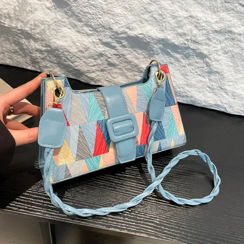 Mode Geometrisches Dreieck Patchwork Damen Umhängetasche PU Leder Geflochtener Gurt Lässige Kleine Quadratische Tasche