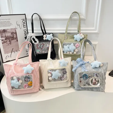Japanese Style Large Capacity PU Leather Ita Bag Tote Shoulder Bag With Transparent Window For Women Daily School Commute