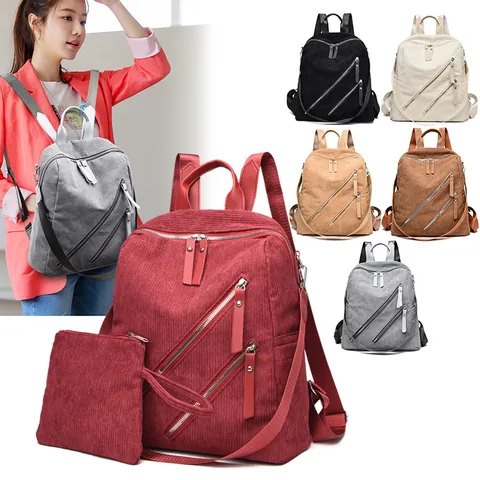 Fashion Corduroy Striped Women Backpack Vintage Large Capacity Multi Zipper Shoulder Bag With Small Pouch Casual Travel Daypack