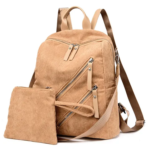 Fashion Corduroy Striped Women Backpack Vintage Large Capacity Multi Zipper Shoulder Bag With Small Pouch Casual Travel Daypack