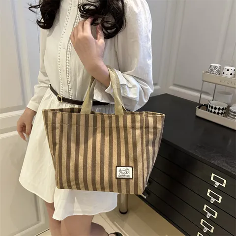 Damen Große Kapazität Cord Gestreift Tote-Tasche Retro Japanischer Stil Schultertasche Student Pendeln Handtasche Mit Magnetschnalle