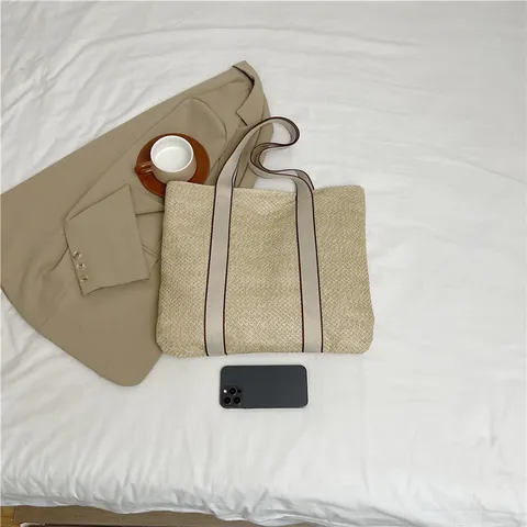 Große Kapazität Stroh Gewebt Tragetasche Urban Einfach Kontrast Gurtband Umhängetasche Für Damen Strand Urlaub Handtasche Einkaufstasche