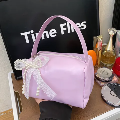 Women Sweet PU Leather Underarm Bag Elegant Pearl Lace Bow Ornament Handbag Solid Color Top Handle Bag For Daily Commute